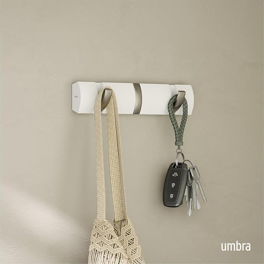 Umbra Flip Wall-Mounted Coat Rack with 3 Hooks – Modern, Space-Saving Storage for Hats, Jackets, Bags, Entryway, Mudroom, Closet, Bathroom, Bedroom – White/Nickel