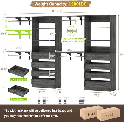 Aheaplus Closet System with 8 Wooden Drawers, Wood Closet Organizer System with Tower, Walk-in Closet Organizer Wardrobe Clothes Rack with 4 Hanging Rods, Garment Rack, Cut to Fit 7-12Ft, Black Oak1