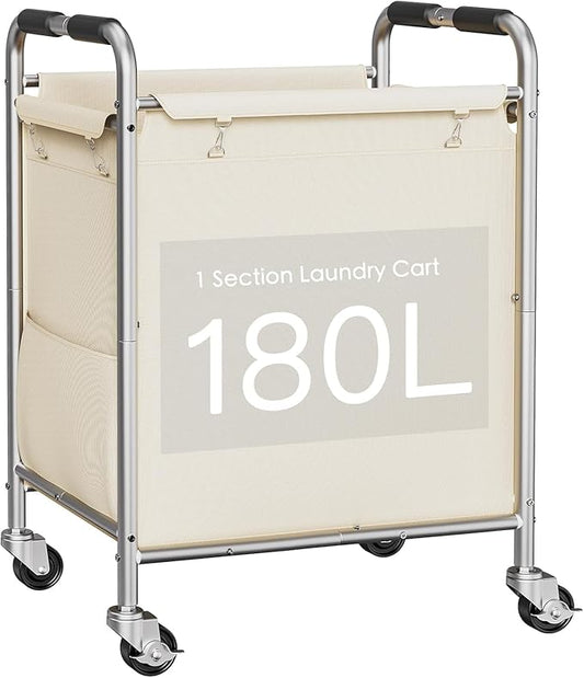 Laundry Basket with Wheels, Rolling Laundry Sorter Cart with Side pockets,47.6GAL(180L) Rolling Laundry Hamper with Removable Bag and Handle for Bedroom, Beige