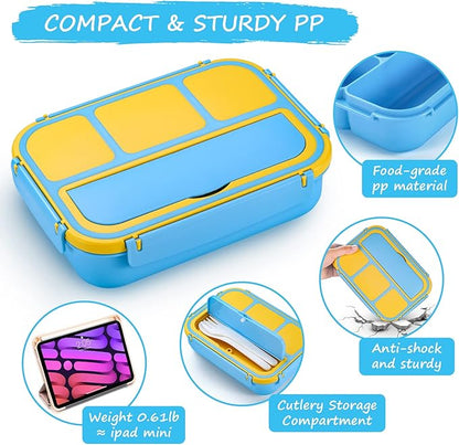 QQKO Bento Lunch Box for Kids Girls Boys, Toddler Kids Lunch Boxes for School, Lunch Containers for Adults with 4 Compartments, Sauce Container, Utensils, Food Picks and Muffin Cups, Blue