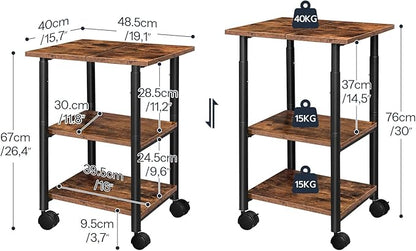 HOOBRO Printer Stand, 3-Tier Industrial Under Desk Printer Cart with Shelf, Mobile Heavy Duty Storage Rack on Wheels for Home, Office Rustic Brown and Black BF03PS01G1