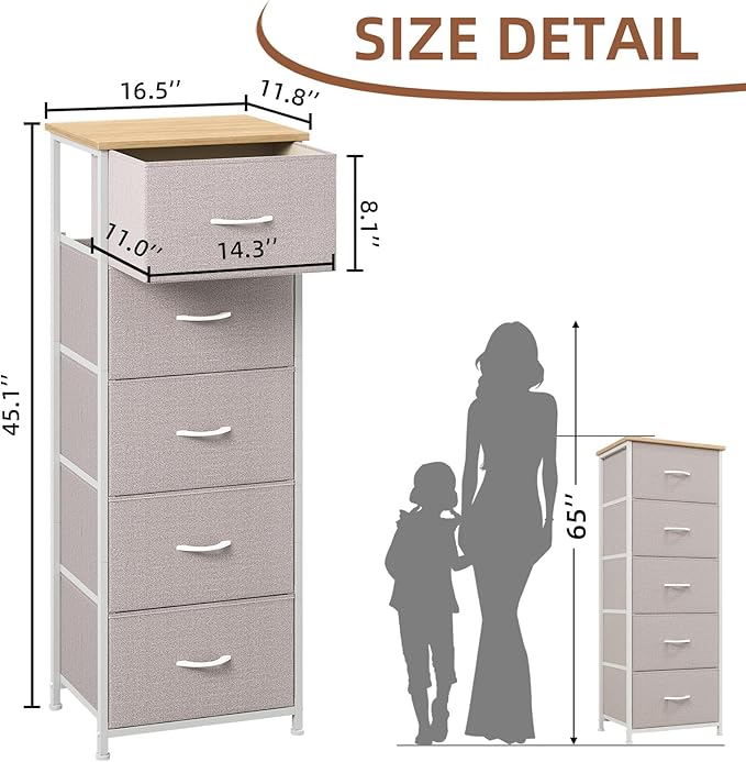 Somdot Tall Dresser for Bedroom with 5 Drawers, Storage Organizer Chest of Drawers with Removable Fabric Bins for Closet Bedside Living Room Laundry Entryway Hallway, Ash Grey