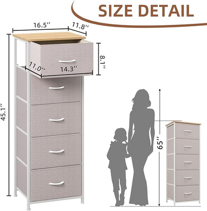 Somdot Tall Dresser for Bedroom with 5 Drawers, Storage Organizer Chest of Drawers with Removable Fabric Bins for Closet Bedside Living Room Laundry Entryway Hallway, Ash Grey