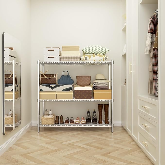 Storage Shelves Heavy Duty, 45" W x 20" D x 47" H Garage Wire Shelving Unit Loads 1200LBS, 3-Tier Adjustable Metal Industrial Utility Shelf Rack for Kitchen, Laundry Room, Pantry, Warehouse, Basement