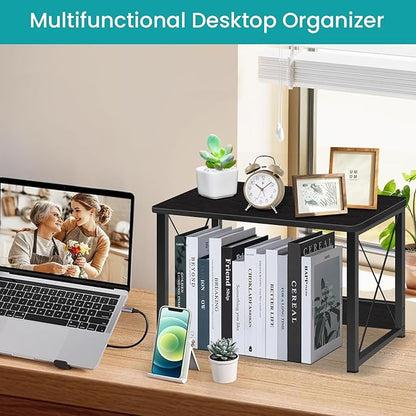 ELITEROO Desktop Printer Stand With Storage, Table Stand Small Desk Shelves Organizer for Home/Office, Multi-Purpose Heavy Duty Riser for Fax Machine Copier Scanner (Black)