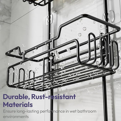SWTYMIKI Bathroom Shower Caddy Hanging - 3 Tier Rustproof Over Shower Head Organizer, No Drilling Bathroom Shelf with 16 Hooks & Soap Holder, Anti-Swing Rack for Shampoo,Sponge,Towel, Black, Medium