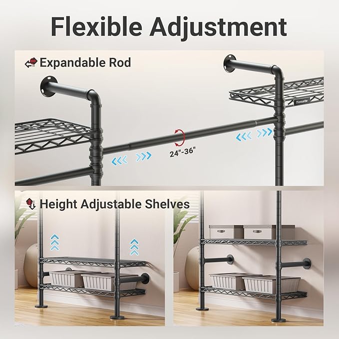 Timate F3 Plus Wall Mounted Clothes Rack Industrial Pipe Clothing Rack for Hanging Clothes, Heavy Duty Clothes Rack with Shelves, Expandable Garment Rack Wall Closet System, Black Pipe Closet Kit