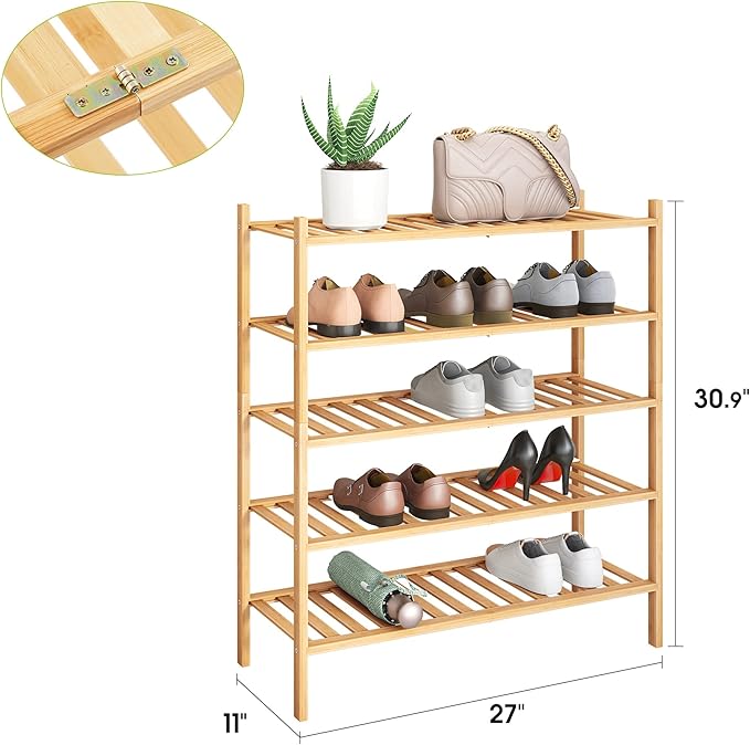 BMOSU 5-Tier Bamboo Shoe Rack Premium Stackable Shoe Shelf Storage Organizer for Hallway Closet Living Room Entryway Organizer (Natural Bamboo)