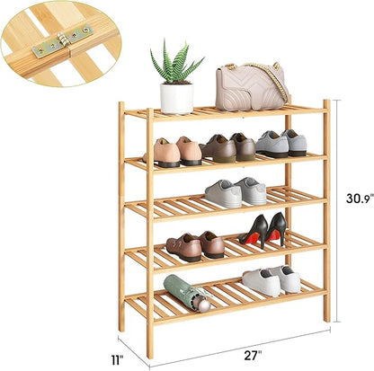 BMOSU 5-Tier Bamboo Shoe Rack Premium Stackable Shoe Shelf Storage Organizer for Hallway Closet Living Room Entryway Organizer (Natural Bamboo)