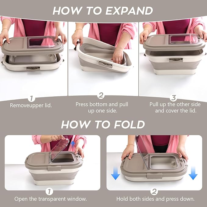Dog Food Storage Container 10-13lb, Collapsible Pet Food Container with Airtight Lid, Plastic Cat Food Containers Dry Food with Dog Food Scoop and Measuring Cup (Khaki)