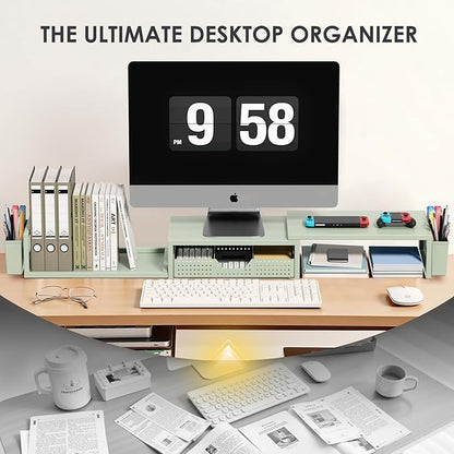 OPNICE Desk Organizers and Accessories, Dual Monitor Stand Riser with Drawer and 2 Pen Holders, Desk Shelf Metal Computer Monitor Stand for Office Workspace Organizers, Desktop Organization (Green)