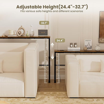 Aduanbang Adjustable Height Narrow Console Table with 2 Power Outlets, 78.8" Long x 5.9" Wide, Slim Behind Sofa Table, Rustic Brown – Ideal for Living Room, Entryway, or Hallway