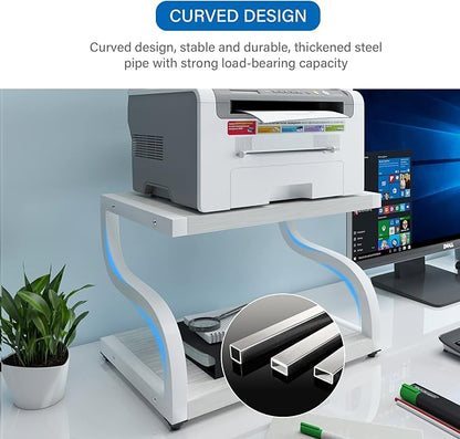 PUNCIA 2 Tiers Wood White Home Office Desktop Printer Stand Laser Printer Copier Stand with Storage Tabletop Heavy Duty Rack Desk Organizer Shelf Dual for Small Space Double Tiers Tray