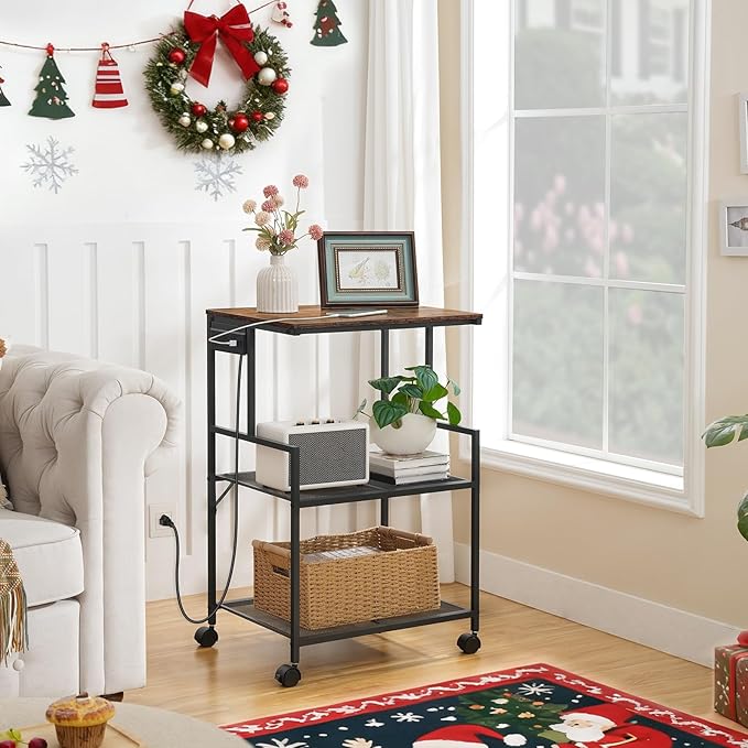 Mobile Printer Stand, 3-Tier Industrial Printer Cart with Power Outlets and 2 USB Ports, Rolling Printer Table on Wheels for Home Offices Kitchen Organization Rack, Rustic Brown PTHR78E01