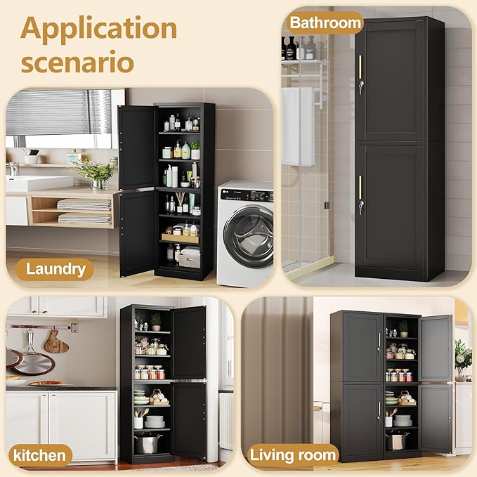 Metal Storage Cabinet with Lock 2 Doors and Shelves, Steel File Cabinets, Kitchen Pantry Cabinet Locker Organizer - 67" Tall Locker Storage Cabinets for Kitchen,Bathroom,Bedroom,Office(Black)