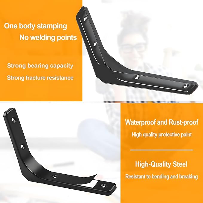 10" x 8" Metal Shelf Brackets, Heavy Duty L Hanging Angle Brackets, Iron Wall Bracket for Countertop Support, Corner Brace Joint, Black, 4 PCS