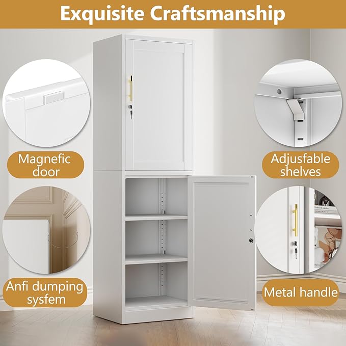 Metal Storage Cabinet with Lock 2 Doors and Shelves, Steel File Cabinets, Kitchen Pantry Cabinet Locker Organizer - 67" Tall Locker Storage Cabinets for Kitchen,Bathroom,Bedroom,Office