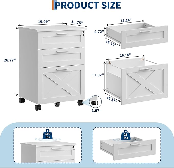 GarveeHome 3-Drawer File Cabinet with Lock, Mobile Under Desk Filing Cabinet for Home Office, Wood Storage Organizer for Letter/a4/Legal Size Documents, White