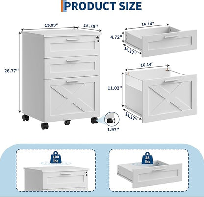 GarveeHome 3-Drawer File Cabinet with Lock, Mobile Under Desk Filing Cabinet for Home Office, Wood Storage Organizer for Letter/a4/Legal Size Documents, White
