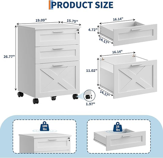 GarveeHome 3-Drawer File Cabinet with Lock, Mobile Under Desk Filing Cabinet for Home Office, Wood Storage Organizer for Letter/a4/Legal Size Documents, White