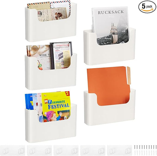 Wall Mount Folder Holder File Organizer No Drilling File Holder Hanging File Mail Organizer Door Office Mail Supplies Storage Magazine Envelope Planner Wall Single Pocket Off White (5 Count)