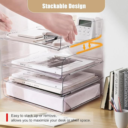 Clear Stackable Paper Trays 4 Pack, PET Letter Tray Desk Organizer, Desktop Organizers and Storage for Books, Magazines, Folders, A4 Size File Paper, Office Supplies