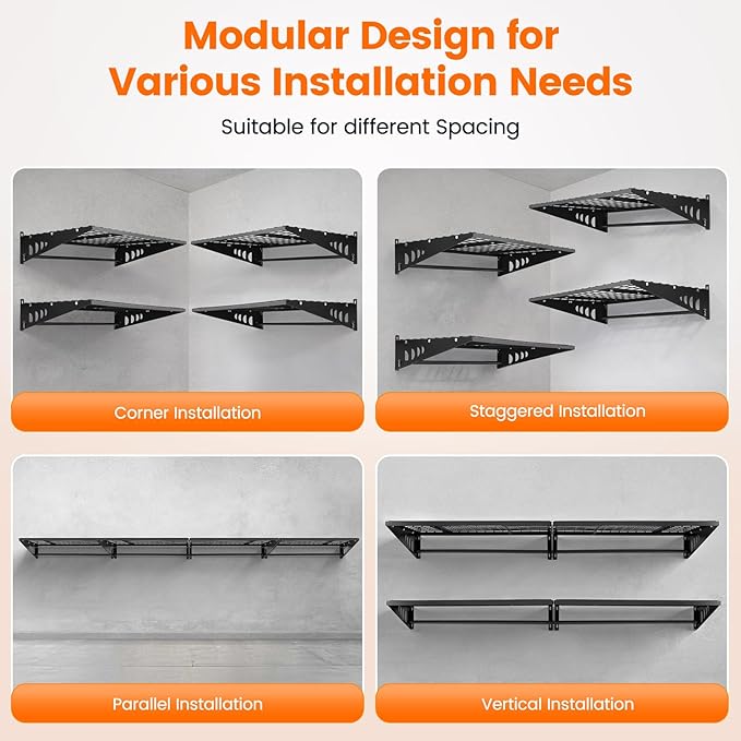 Garage Shelving 2x3ft 4-Pack, Garage Storage Rack 24"x36" Metal Shelves Black Wall Mounted with rods & 6 Hooks, Heavy Duty Wall Shelving Floating Shelves, 1200lbs Total load Capacity