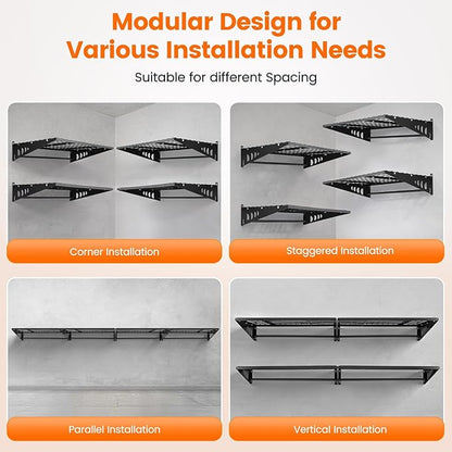 Garage Shelving 2x3ft 4-Pack, Garage Storage Rack 24"x36" Metal Shelves Black Wall Mounted with rods & 6 Hooks, Heavy Duty Wall Shelving Floating Shelves, 1200lbs Total load Capacity