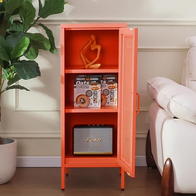 Slim Metal Storage Cabinet with Mesh Doors - 42'' Tall Narrow Organizer Tower, Compact Freestanding Cabinet, Versatile Utility Storage for Home, Office, Bedroom, or Kitchen, Durable and Modern Design
