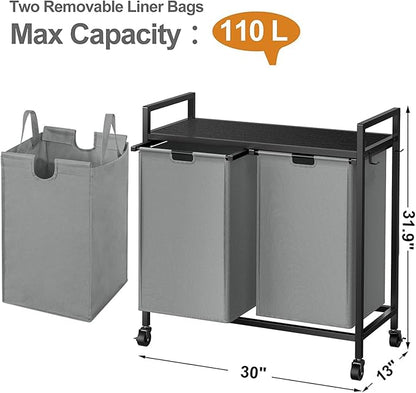 WOWLIVE Double Laundry Hamper with Lid,Rolling Laundry Basket Organizer with Wheels, Iron-Made Laundry Sorter with Top Shelf and 2 Removable Bags,Large Clothes Storage for Room,Gray