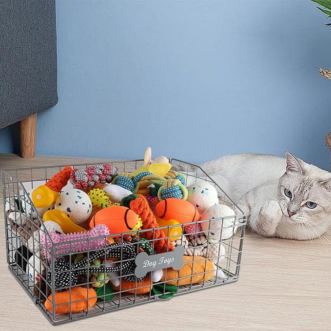 Dog Toy Basket Medium,Pet Storage Toys Box Metal Organizer Bin Dogs Wire Rack Container for Food Baskets Living Room Bins Plastic Supplies Boxes Puppy Cat Chest Organizers Treat Cabinet Gray Crate