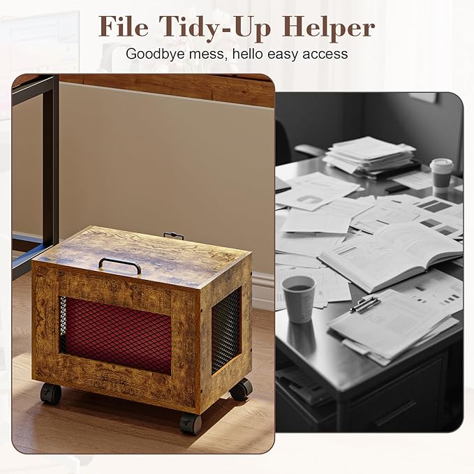 Small File Cabinet Cart Under Desk, Rolling Filing Cabinet for Home Office, Hanging File Organizer Box on Wheels, Mobile Decorative Document Storage Basket for Letter & Legal Size