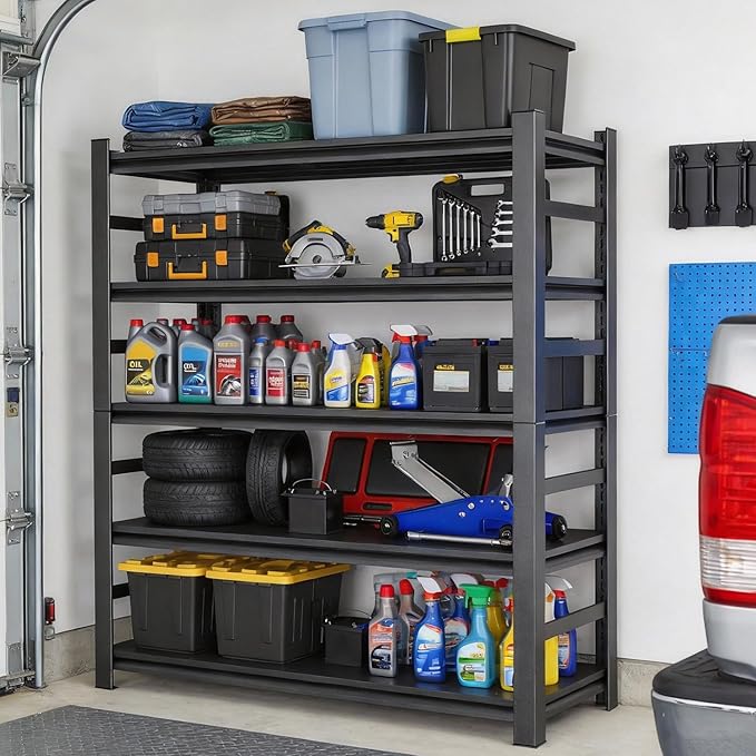 Garage Shelving Black 5-Tier Heavy Duty Shelves 2800Lbs, Adjustable Metal for Warehouse Basement(72”H×47.25”W×23.6”D)