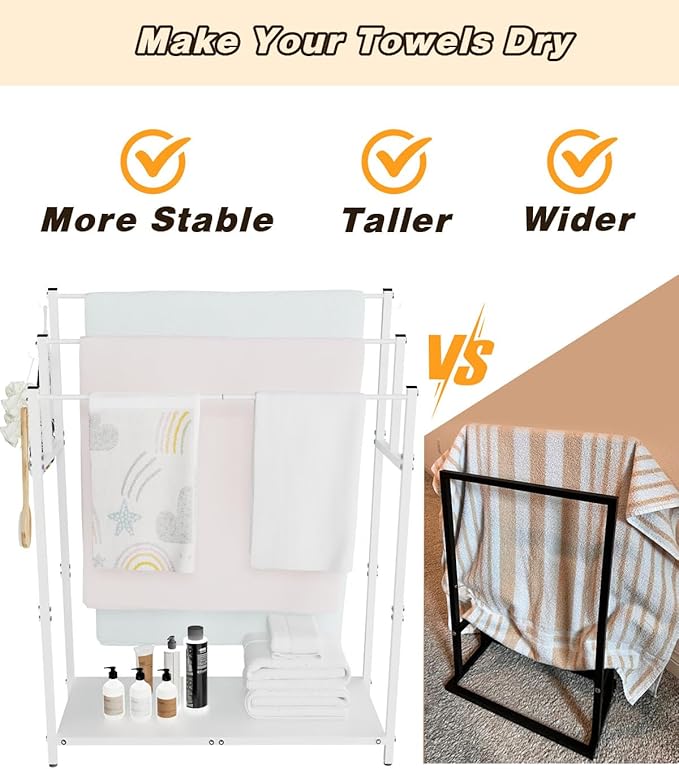 44” Tall Free Standing Towel Racks with 6 Hooks for Bathroom, 3 Tiers Oversized Pool Bath Towels Drying Stand, Metal Blanket Ladder Holder with Storage Shelf for Bedroom Living Room, White