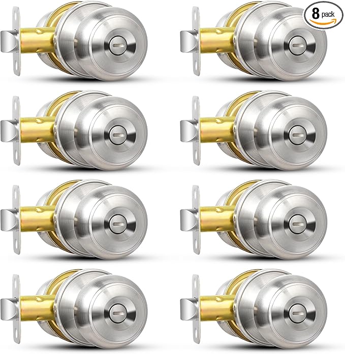 Sopoby Privacy Door Knob, 8 Pack Brushed Nickel Round Keyless Doorknobs Interior/Exterior Lockset, Privacy Locking Door Knobs for Bedroom/Bathroom, Modern Design Door Hardware