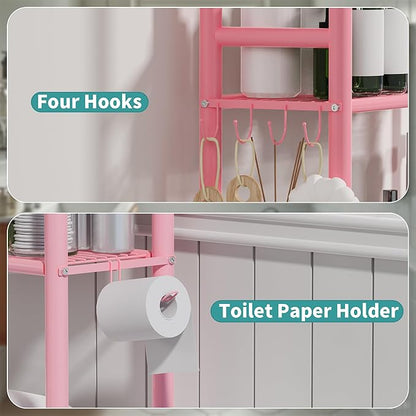 3-Tier Over The Toilet Storage with Paper Holder, Metal Bathroom Organizers and Storage for Small Space, Freestanding Bathroom Shelves with 4 Hooks, Above The Toilet Storage Shelf (Pink)