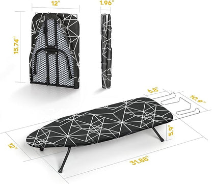 Small Ironing Board Tabletop Foldable, RAINHOL Space-Saving Iron Board, Compact and Portable for Travel and College, with Hook and Iron Holder, Steel Mesh, 32" x 12", Black and White Stripes