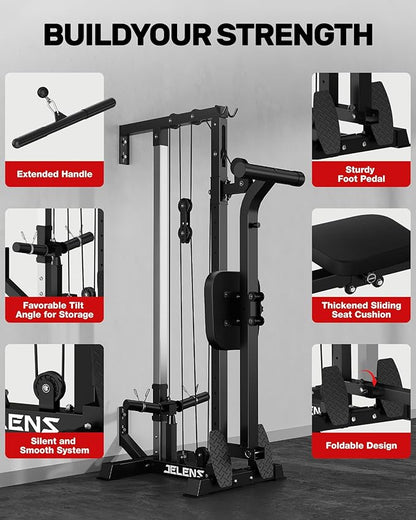 RC01 Foldable LAT Pulldown Machine with Adjustable seat, Wall Mount Cable Station with 16 Adjustable Positions, Cable Machine Home Gym 2 in 1, Functional Trainer with Rowing and LAT Pulldown