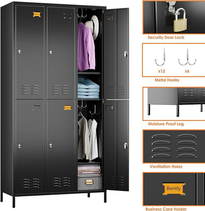 Aobabo Upgrade Metal Storage Locker for Employees, 6 Doors Steel Storage Locker with 18 Hooks for Office Gym School, Industrial Storage with 6 Shelves, Assembly Required, Black