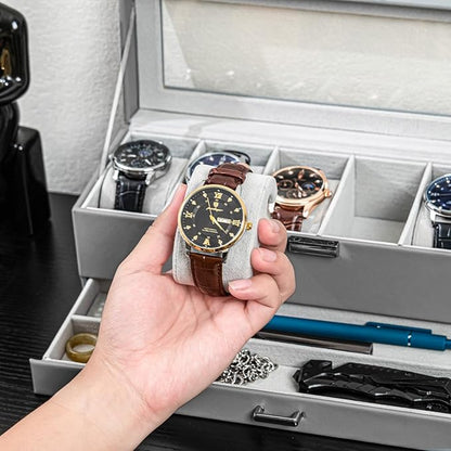 ProCase Watch Box, 6 Slot Watches Display Case with Drawer, Mens Watch Case with Glass Lid, 2-Layer Mens Jewelry Organizer Storage Holder, Birthday Valentine Gifts for Men -6 Slot, Grey