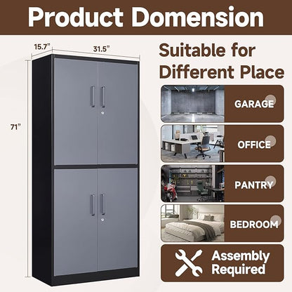 Metal Cabinet, 71' Tall, 4-Door, Locking, Adjustable Shelves, Heavy Duty, Black & Grey, Home Office, Garage Storage Cabinet