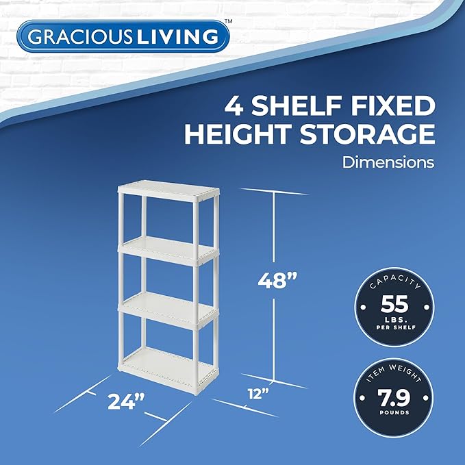 Gracious Living 4 Shelf Fixed Height Solid Light Duty Storage Unit 12 x 24 x 48 for Home, Garage, Basement, & Laundry, White (4 Pack)