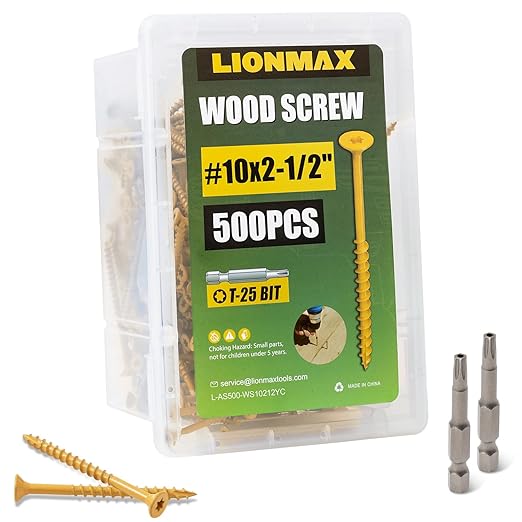 LIONMAX Deck Screws 2-1/2 Inch, Wood Screws #10 x 2-1/2", 500 PCS, Rust Resistant, Exterior Epoxy Coated, Outdoor Decking Screws, Torx/Star Drive Head Deck Screw, T25 Star Bit Included, Tan