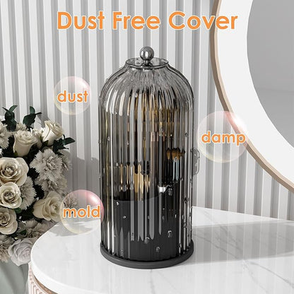Makeup Brush Holder with Lid 360 Rotating Clear Dustproof Make Up Organizers for Vanity Bathroom Countertop, Black