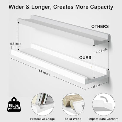 Love-KANKEI Floating Shelves Wall Mounted Set of 2, 24 Inch Wood Storage Wall Shelves for Bedroom Living Room Bathroom Kitchen Office and More White