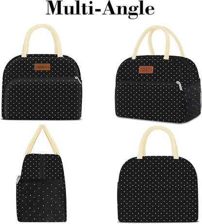 Coobiiya Lunch Bag Women,Lunch Box LunchBag for Women Adult Men, Small Leakproof Cute Lunch Tote Large Capacity Reusable Insulated Cooler Lunch Container for Work/Office/Picnic/Travel-Black Polka Dot