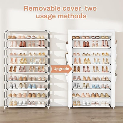 Shoe Rack with Cover, 10 Tier Shoe Organizer Storage for 40-50 Pairs Sneaker and Boots, Large Capacity, with 8 Pockets, Free Standing Tall Shoe Rack for Front Door Entrance, Closet, White