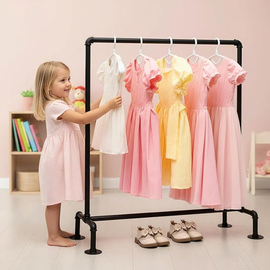 Kids Pipes Dress up Clothing Rack, Kids Clothes Rack, Child Garment Rack, Hanging Clothes Rod Storage Shelf Organizers Shelves Shelving, Black Metal
