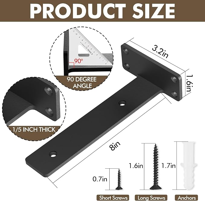 6 Pack Heavy Duty Shelf Brackets 8 inch, Floating Shelf Brackets(1/5”-Thick), L-Shaped Wall Shelf Bracket Hidden Shelf Bracket Black（8inch-6pack）