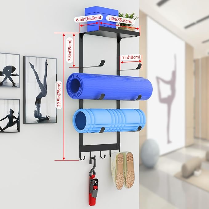 LSK Yoga Mat Holder Wall Mount, Black Yoga Mats Storage Rack, Home Gym Storage with Metal Floating Shelf for Storing Fitness, Yoga Mat Rack with 5 Hooks for Hanging Foam Rollers and Resistance Bands